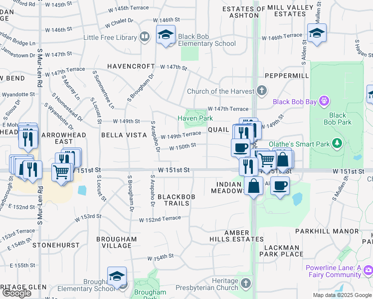 map of restaurants, bars, coffee shops, grocery stores, and more near 15731 West 150th Street in Olathe
