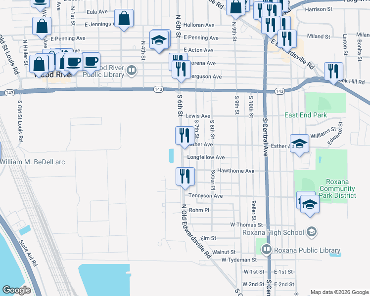 map of restaurants, bars, coffee shops, grocery stores, and more near 318 South 7th Street in Wood River