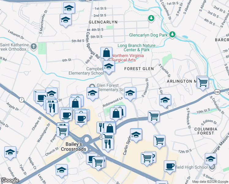 map of restaurants, bars, coffee shops, grocery stores, and more near 750 South Carlin Springs Road in Arlington