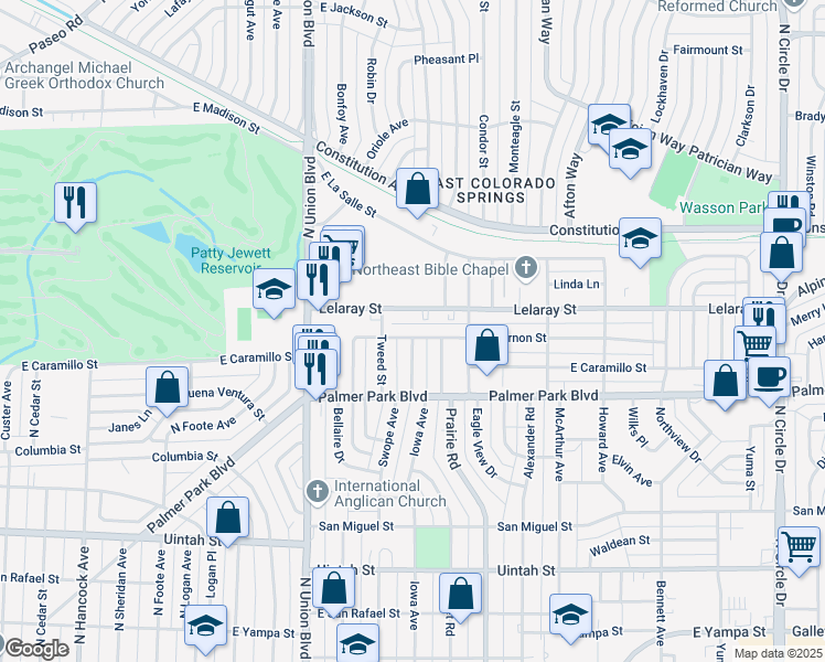 map of restaurants, bars, coffee shops, grocery stores, and more near 2020 Mount Vernon Street in Colorado Springs