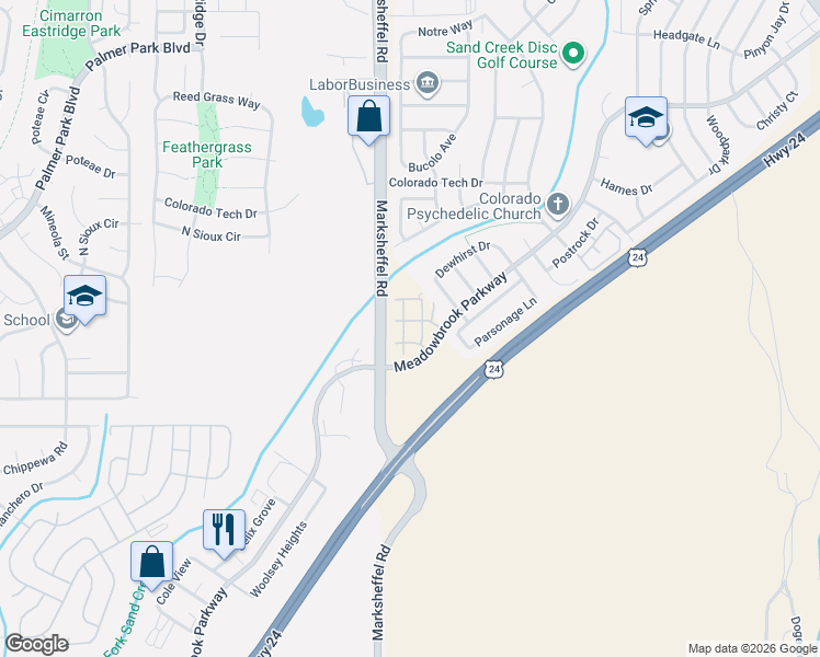 map of restaurants, bars, coffee shops, grocery stores, and more near 1250 Meadowbrook Parkway in Colorado Springs