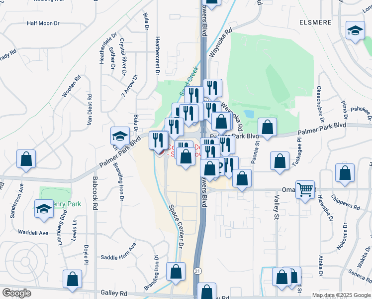 map of restaurants, bars, coffee shops, grocery stores, and more near 600 North Powers Boulevard in Colorado Springs