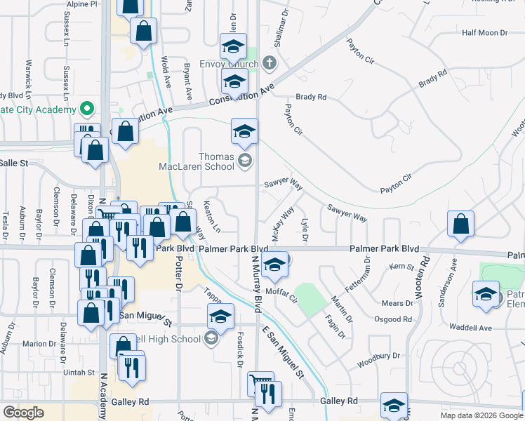 map of restaurants, bars, coffee shops, grocery stores, and more near 1530 North Murray Boulevard in Colorado Springs