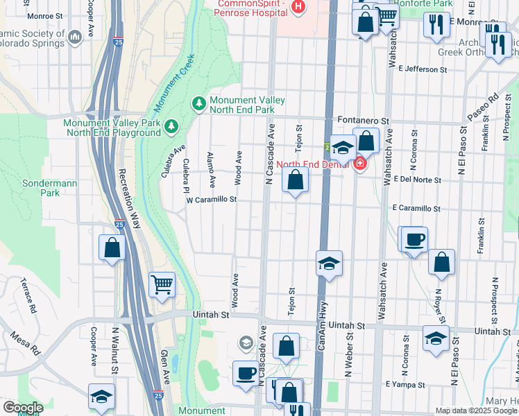 map of restaurants, bars, coffee shops, grocery stores, and more near 1524 North Cascade Avenue in Colorado Springs