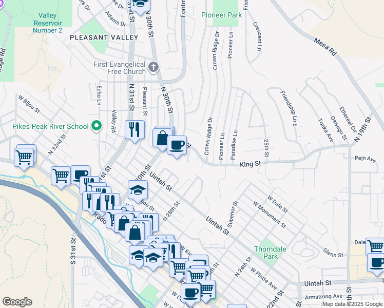 map of restaurants, bars, coffee shops, grocery stores, and more near 536 Winnie Way in Colorado Springs