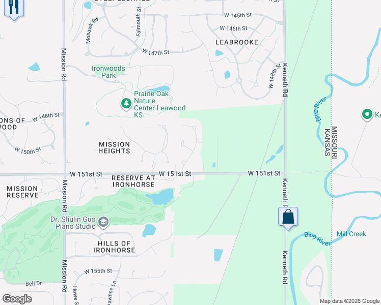 map of restaurants, bars, coffee shops, grocery stores, and more near 3103 West 150th Terrace in Overland Park