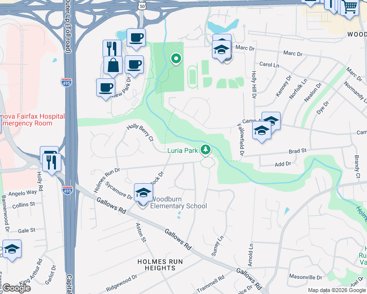 map of restaurants, bars, coffee shops, grocery stores, and more near 3200 Holly Berry Court in Falls Church