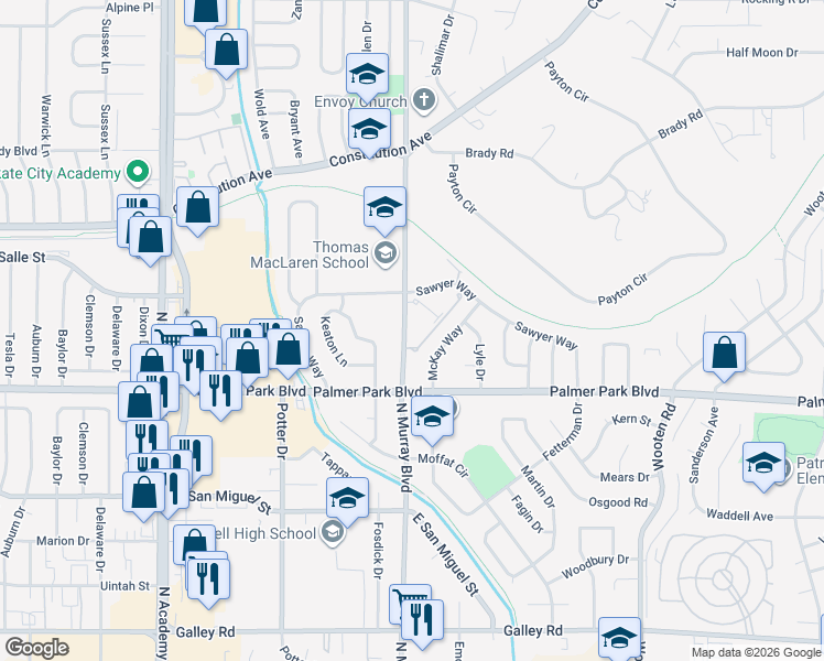map of restaurants, bars, coffee shops, grocery stores, and more near 1530 North Murray Boulevard in Colorado Springs
