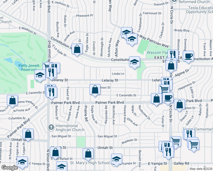 map of restaurants, bars, coffee shops, grocery stores, and more near 2410 Mount Vernon Street in Colorado Springs