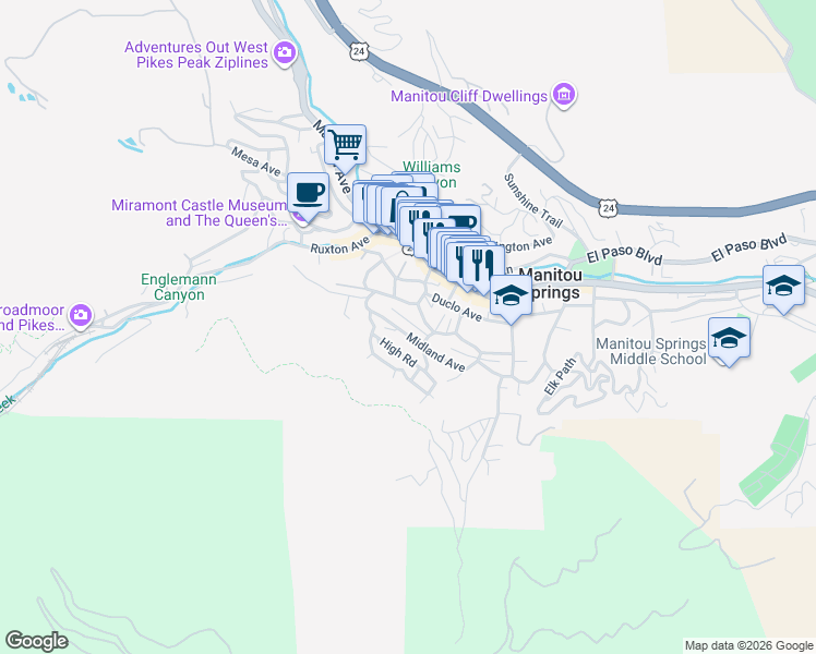 map of restaurants, bars, coffee shops, grocery stores, and more near 935 Midland Avenue in Manitou Springs