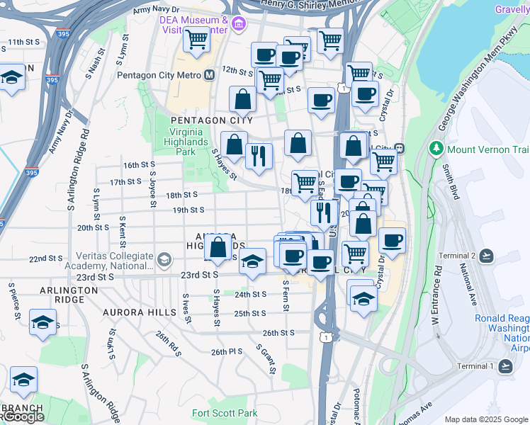 map of restaurants, bars, coffee shops, grocery stores, and more near 618 19th Street South in Arlington