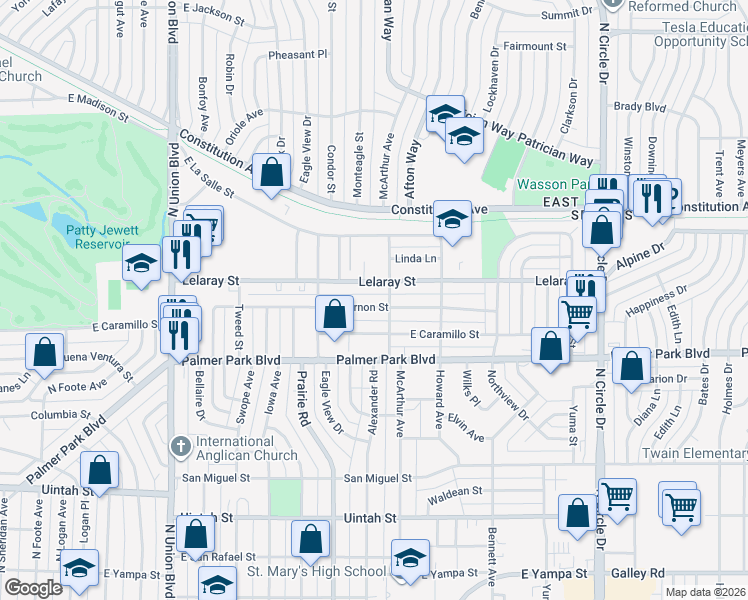 map of restaurants, bars, coffee shops, grocery stores, and more near 2410 Mount Vernon Street in Colorado Springs