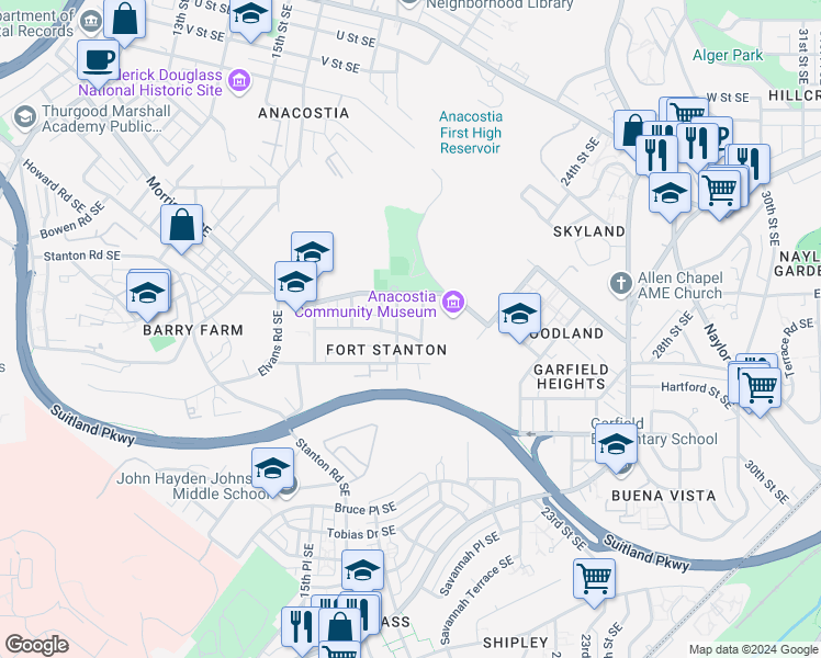 map of restaurants, bars, coffee shops, grocery stores, and more near 1812 Morris Road Southeast in Washington