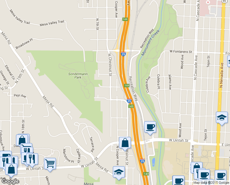 map of restaurants, bars, coffee shops, grocery stores, and more near 1520 North Cooper Avenue in Colorado Springs