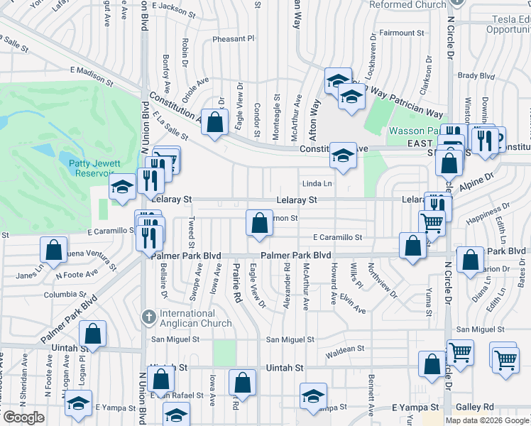 map of restaurants, bars, coffee shops, grocery stores, and more near 2316 Mount Vernon Street in Colorado Springs