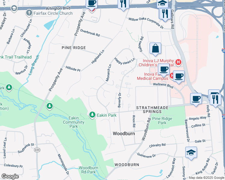 map of restaurants, bars, coffee shops, grocery stores, and more near 8452 Broken Arrow Court in Annandale