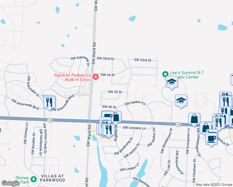 map of restaurants, bars, coffee shops, grocery stores, and more near 817 Southwest 35 Street in Lee's Summit