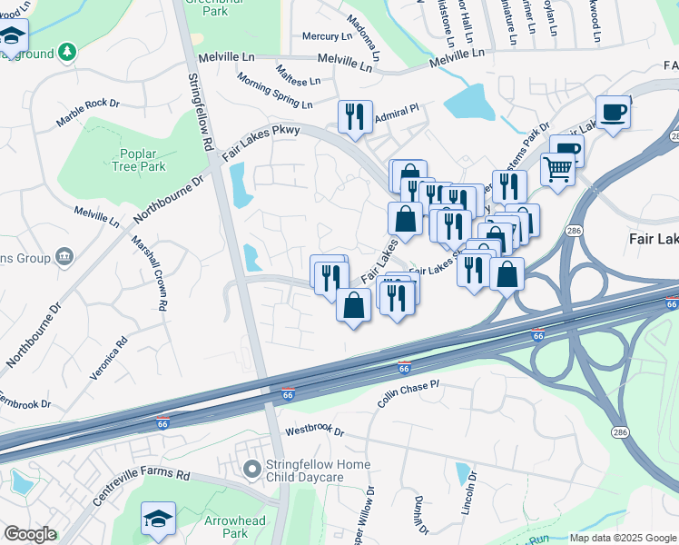 map of restaurants, bars, coffee shops, grocery stores, and more near 4447 Fair Stone Drive in Fairfax