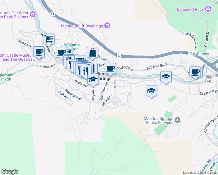 map of restaurants, bars, coffee shops, grocery stores, and more near 118 South Path in Manitou Springs
