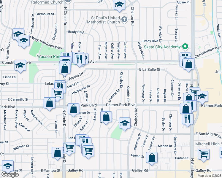 map of restaurants, bars, coffee shops, grocery stores, and more near 1615 Holmes Drive in Colorado Springs