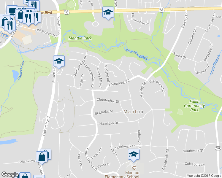 map of restaurants, bars, coffee shops, grocery stores, and more near 9130 Maywood Lane in Fairfax