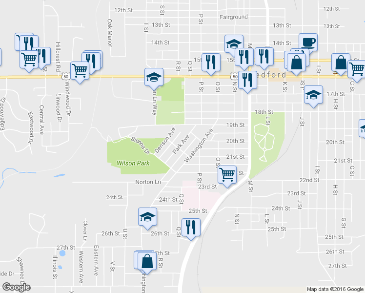map of restaurants, bars, coffee shops, grocery stores, and more near 2024 Park Avenue in Bedford