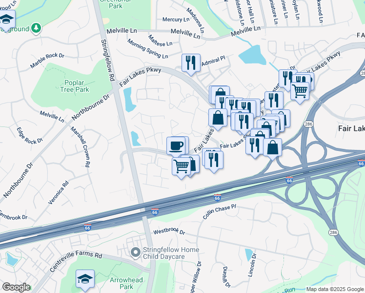 map of restaurants, bars, coffee shops, grocery stores, and more near 4447 Fair Stone Drive in Fairfax