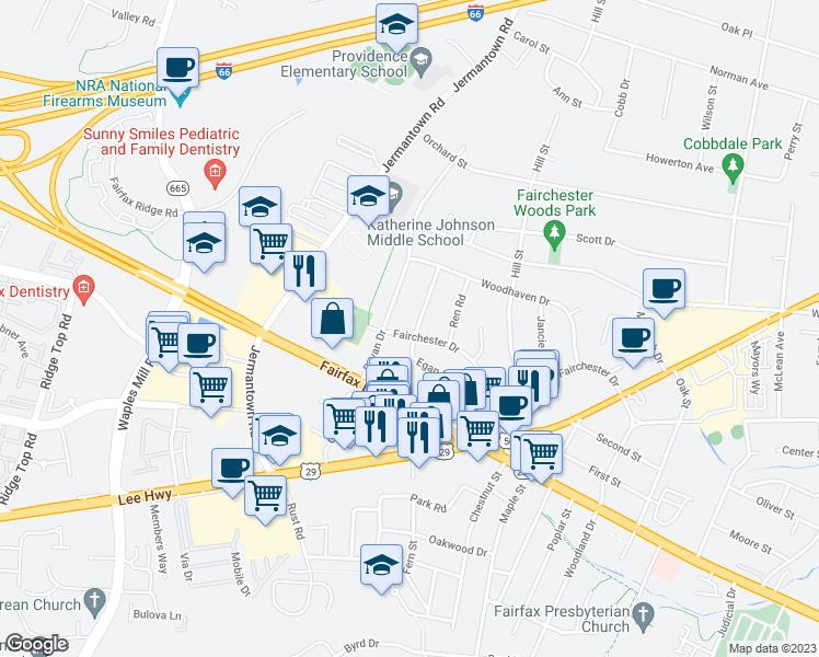 map of restaurants, bars, coffee shops, grocery stores, and more near 3824 Egan Drive in Fairfax