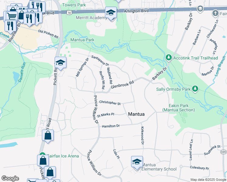 map of restaurants, bars, coffee shops, grocery stores, and more near 9130 Maywood Lane in Fairfax