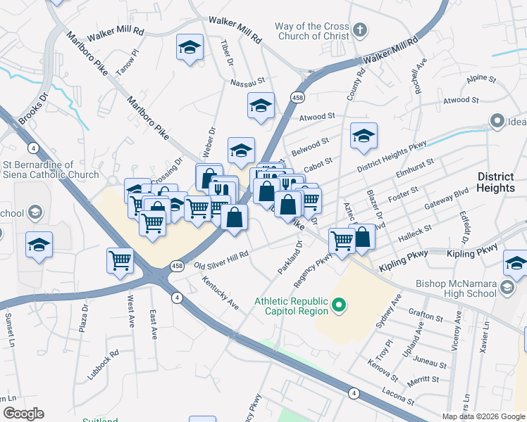 map of restaurants, bars, coffee shops, grocery stores, and more near 6041 Marlboro Pike in District Heights