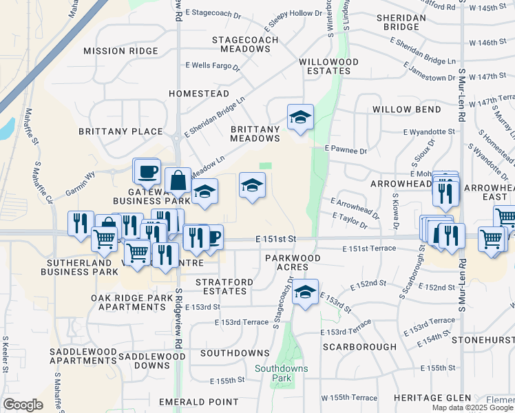 map of restaurants, bars, coffee shops, grocery stores, and more near 1640 East 151st Street in Olathe