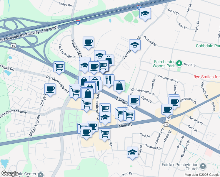 map of restaurants, bars, coffee shops, grocery stores, and more near 11180 Main Street in Fairfax