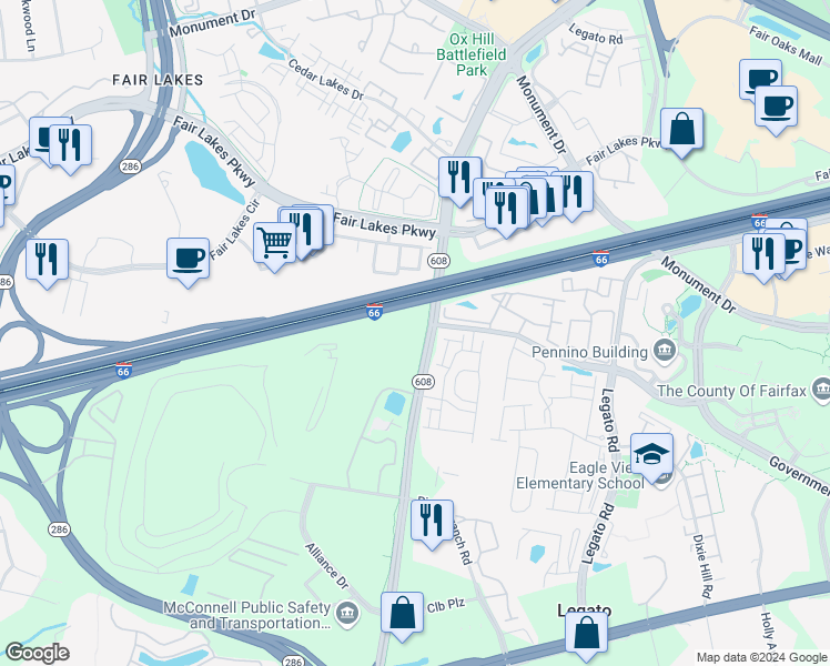 map of restaurants, bars, coffee shops, grocery stores, and more near 4500 West Ox Road in Fairfax
