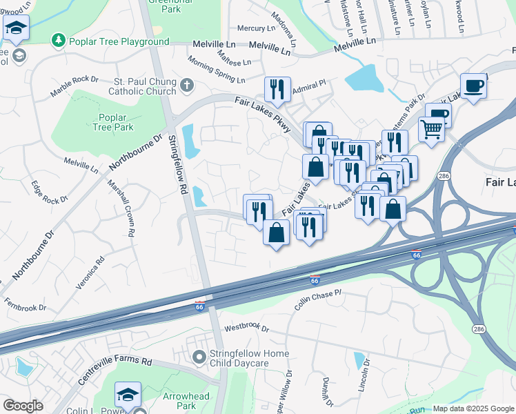 map of restaurants, bars, coffee shops, grocery stores, and more near 4439 Fair Stone Drive in Fairfax