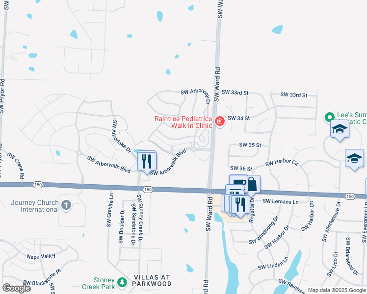 map of restaurants, bars, coffee shops, grocery stores, and more near 1140 Southwest Arbor Park Lane in Lee's Summit