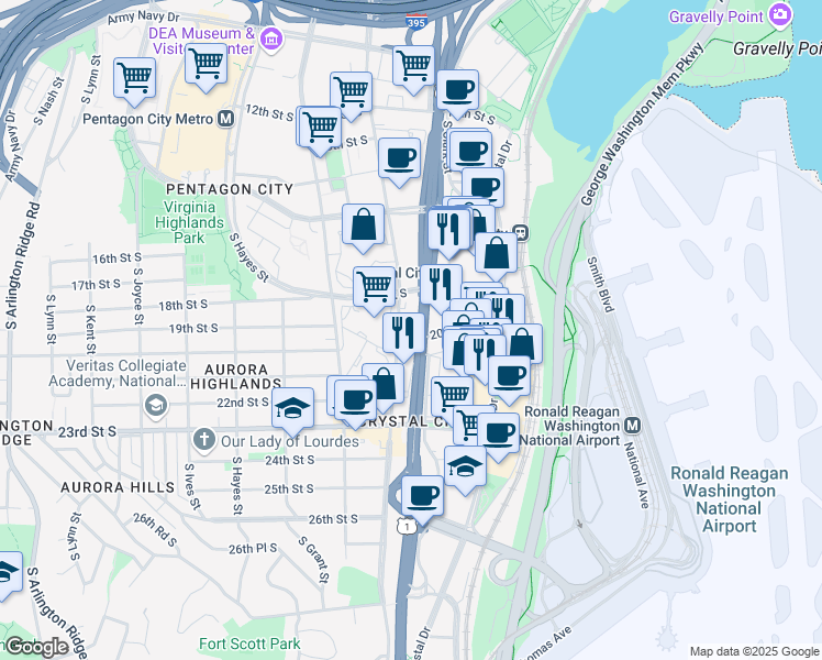 map of restaurants, bars, coffee shops, grocery stores, and more near 1919 South Eads Street in Arlington