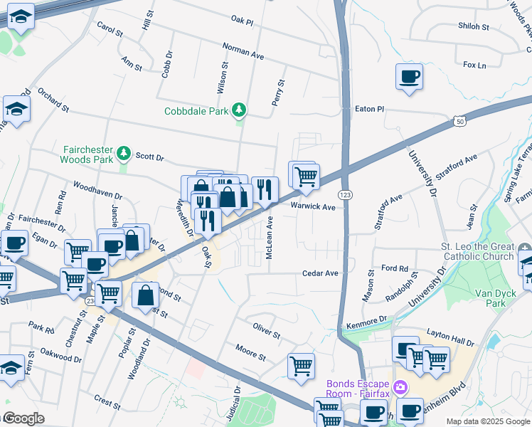 map of restaurants, bars, coffee shops, grocery stores, and more near 10699 Fairfax Boulevard in Fairfax