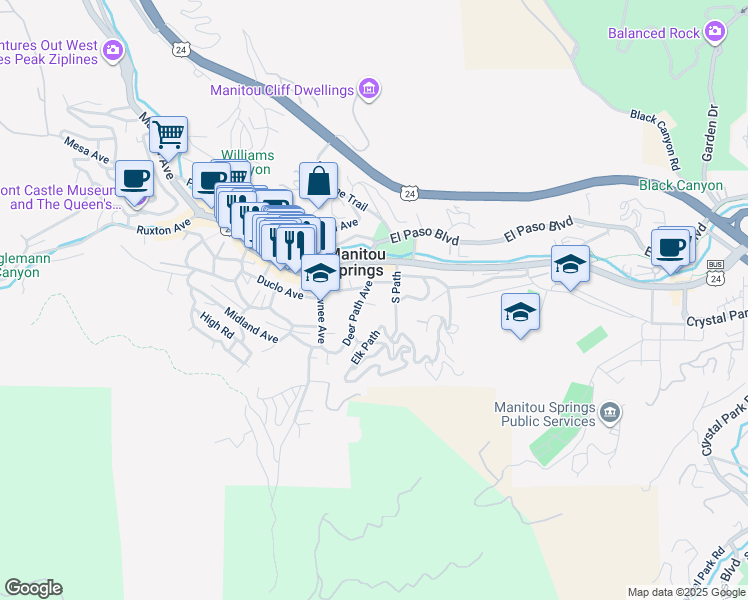 map of restaurants, bars, coffee shops, grocery stores, and more near 118 South Path in Manitou Springs