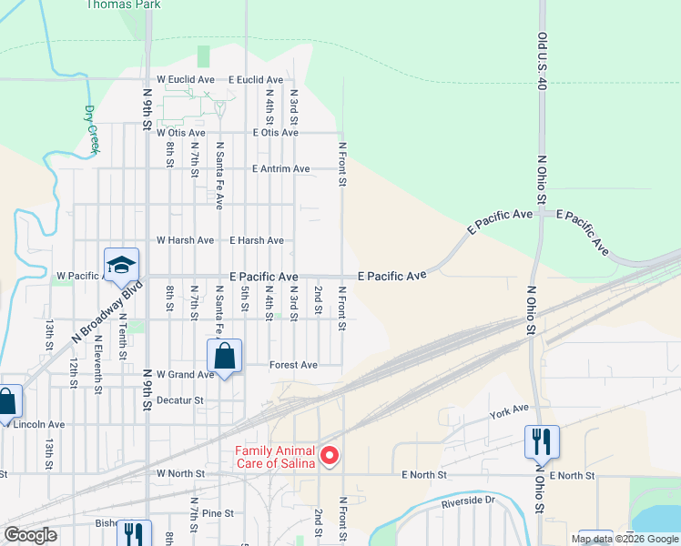 map of restaurants, bars, coffee shops, grocery stores, and more near 500 East Pacific Avenue in Salina