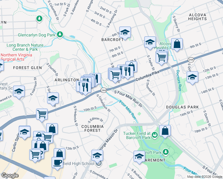 map of restaurants, bars, coffee shops, grocery stores, and more near 4500 South Four Mile Run Drive in Arlington