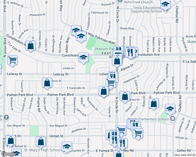 map of restaurants, bars, coffee shops, grocery stores, and more near 1618 Grant Avenue in Colorado Springs