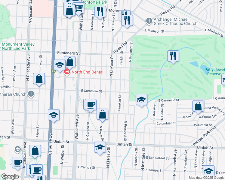 map of restaurants, bars, coffee shops, grocery stores, and more near 1532 North El Paso Street in Colorado Springs