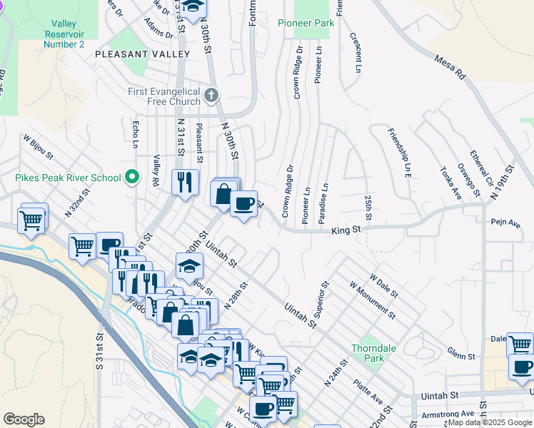 map of restaurants, bars, coffee shops, grocery stores, and more near 536 Winnie Way in Colorado Springs