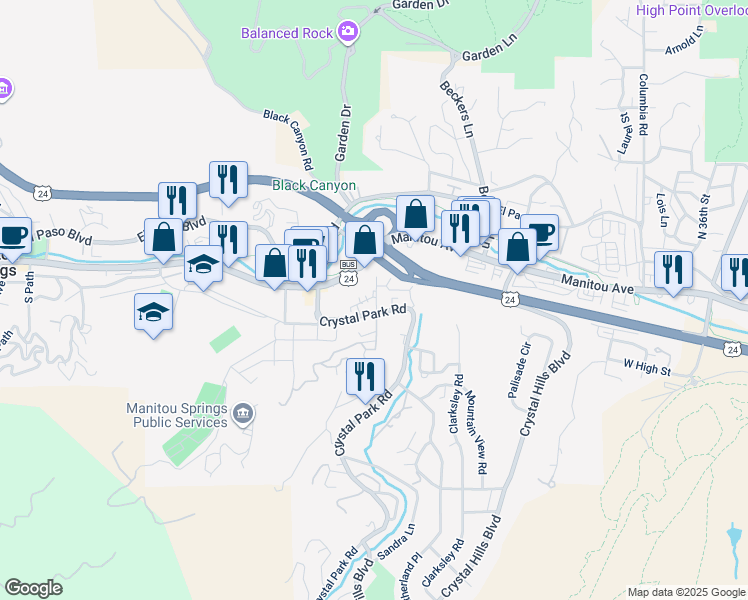 map of restaurants, bars, coffee shops, grocery stores, and more near 95 Crystal Park Road in Manitou Springs