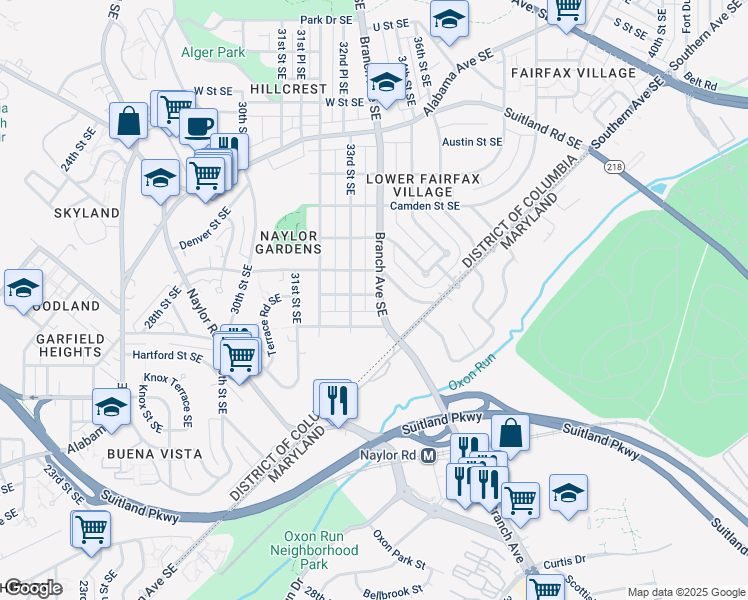 map of restaurants, bars, coffee shops, grocery stores, and more near 2801 Branch Avenue Southeast in Washington