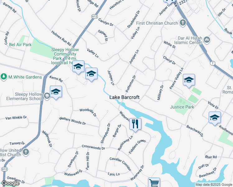 map of restaurants, bars, coffee shops, grocery stores, and more near 3304 Juniper Way in Falls Church