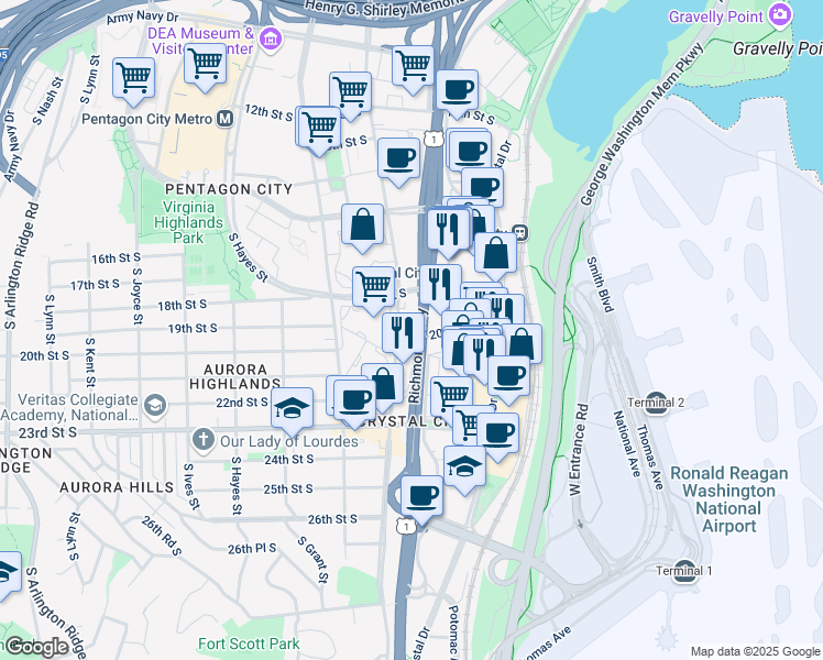 map of restaurants, bars, coffee shops, grocery stores, and more near 1750 Crystal Drive in Arlington