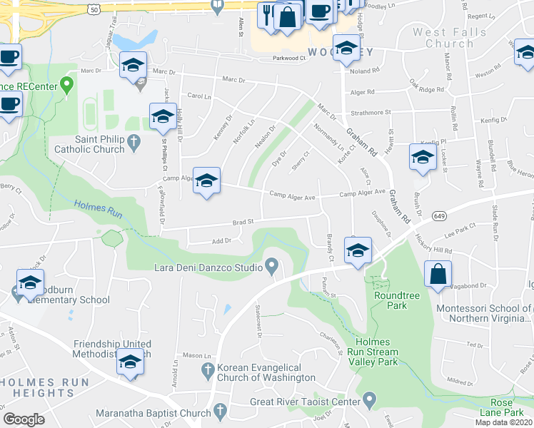 map of restaurants, bars, coffee shops, grocery stores, and more near 7320 Brad Street in Falls Church