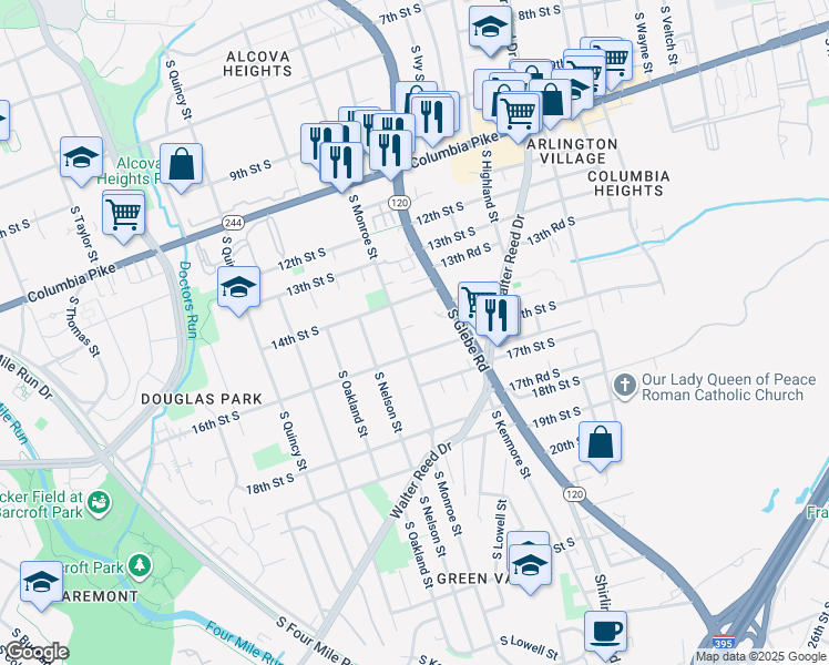 map of restaurants, bars, coffee shops, grocery stores, and more near 3512 15th Street South in Arlington