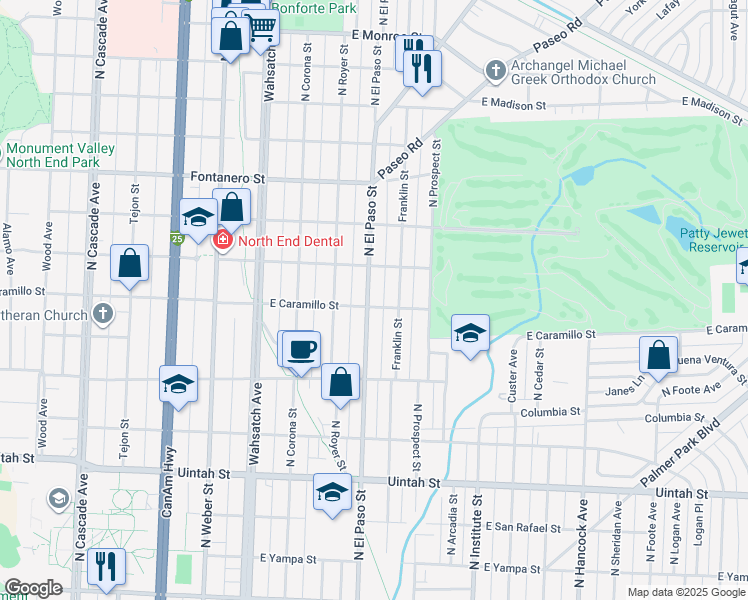 map of restaurants, bars, coffee shops, grocery stores, and more near 1532 North El Paso Street in Colorado Springs